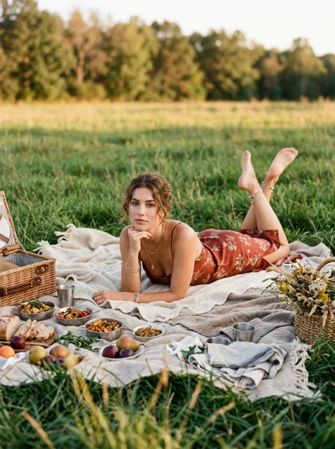 Rust Silk Dress Picnic Editorial