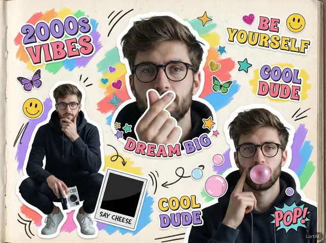 A vibrant 2000s scrapbook-style collage featuring the same young