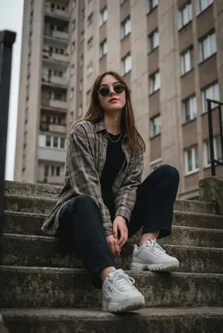 Young Woman Sitting Casually on Outdoor Concrete Stairs, Posing with a Cool,