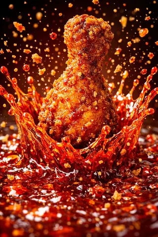 Single Fried Chicken Drumstick Liquid Impact Action Shot Drumstick Impacting Or Emerging