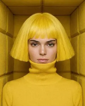 Monochromatic canary yellow portrait of Kendall Jenner in an isolation booth