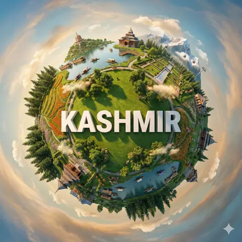 hyper-realistic miniature planet showcasing [KASHMIR] with famous landmarks seamlessly