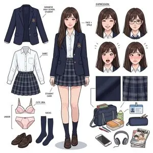 Panoramic Character Concept Sheet for 17-Year-Old Japanese JK