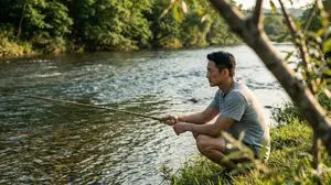 Tranquil River Fishing Cinematic Still Prompt
