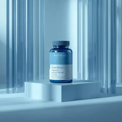 Ultra-realistic minimalist product photography featuring a cylindrical supplement container