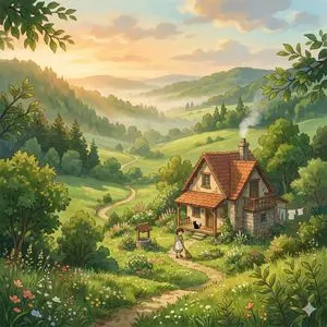 Whimsical Cottage Valley Sunrise