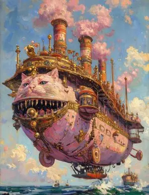 Steampunk Cat Airship Over the Sea
