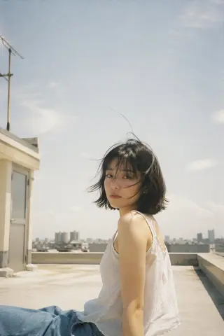 Japanese negative film aesthetic, rooftop summer scene, soft natural