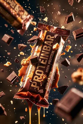 Ultra-cinematic product photography of a premium protein bar wrapped