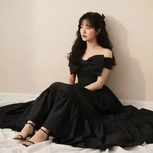 High-Fashion Editorial of Zhao Lusi in Black Bow Gown