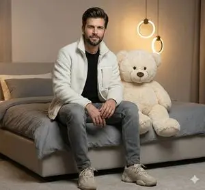 Realistic Portrait of Man with Teddy Bear