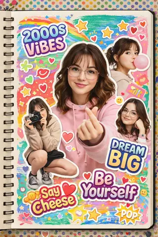 A vibrant 2000s scrapbook-style collage featuring the same young