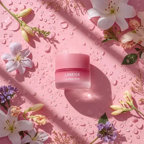 A hyper-realistic beauty product photograph of a pink [LANEIGE