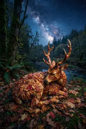 Surreal Deer Made of Autumn Leaves