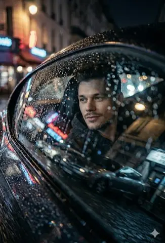 A low-angle, cinematic close-up shot looking through a rain-slicked