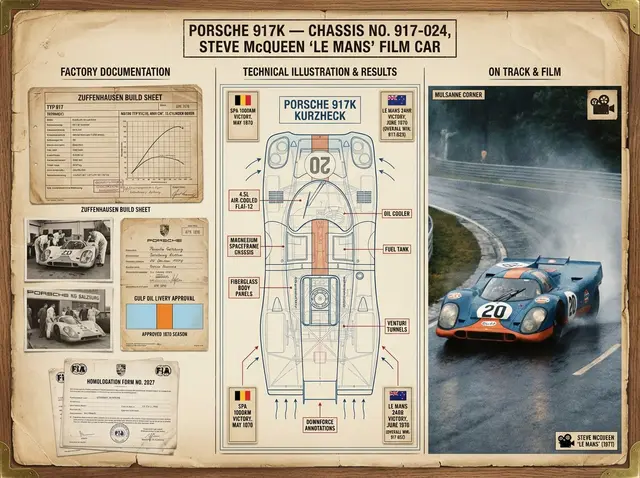 A marque historian's documentation board for [VEHICLE] — [MODEL