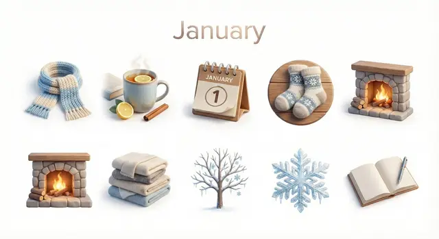 collection of icons representing [Month] through objects, symbols, and