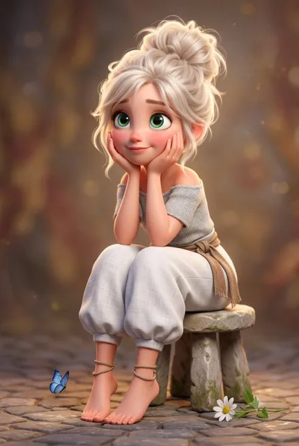 3D Stylized Cartoon Girl on Stone Stool