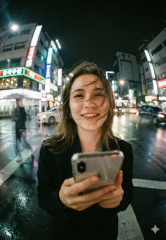 Young Woman Cinematic Realism Standing in the Middle of a Crosswalk, Holding