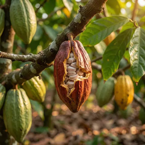 High-quality realistic commercial shot of a cocoa plantation in