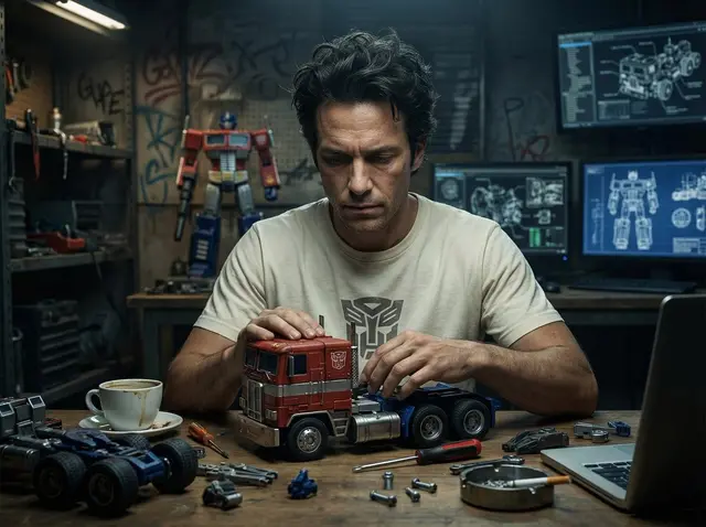 Hyper Realistic Cinematic Portrait Sitting At a Work Table Assembling a Toy