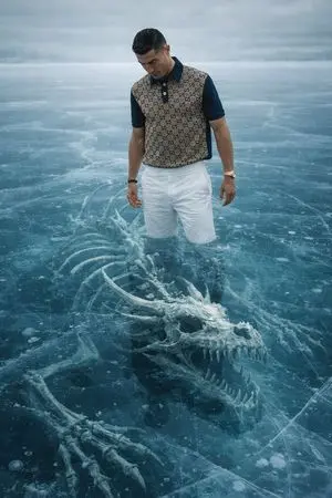 8K Ultra-Realistic Promotional Image of a Man on Ice with a Submerged Skeleton