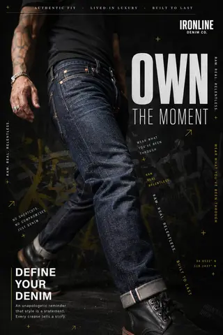A hyperrealistic premium denim advertisement shot in a dark