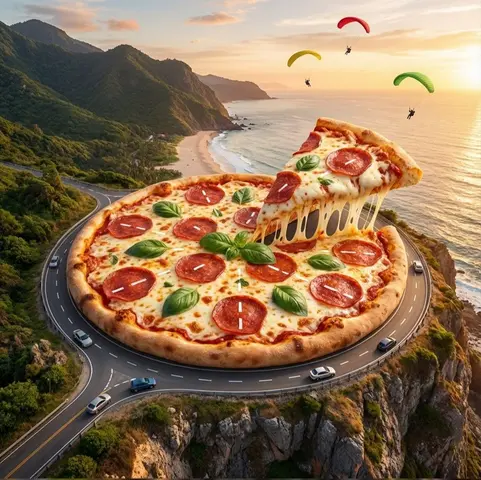 "Objective": "Create a surreal, hyper-detailed fantasy world where pizza