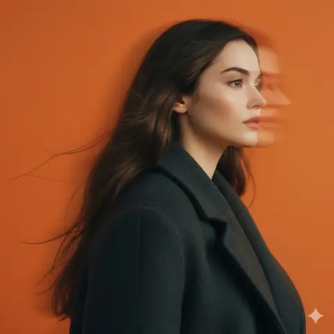 A panning studio portrait of a mysterious female figure