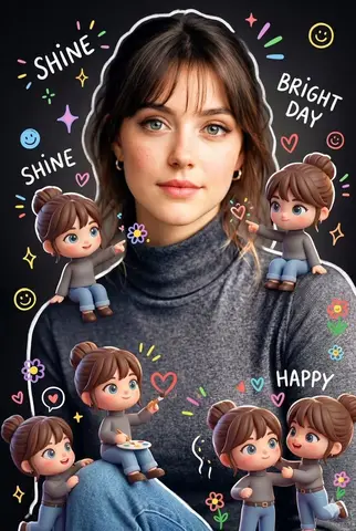 Surrounding the realistic main subject are multiple cute, 3D-style