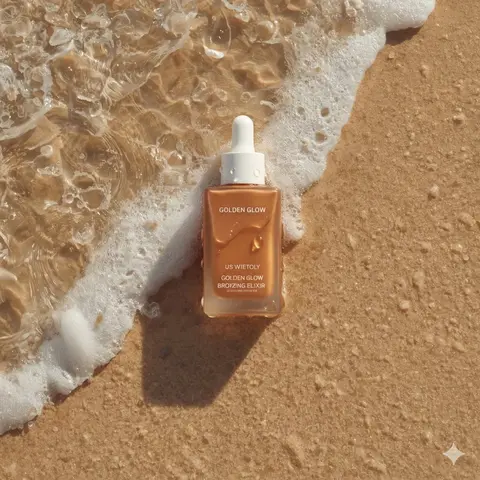 Ultra-realistic summer skincare product photography of a bronzing drop