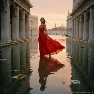 Crimson Gown in Flooded Venice