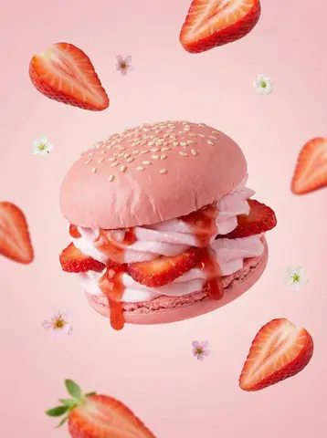 A hyper-realistic {FRUIT} dessert burger, centered composition, soft pastel