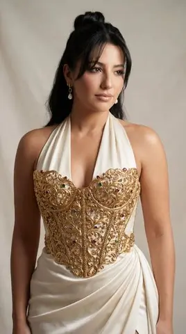 Couture Gown with Sculptural Gold Corset Editorial