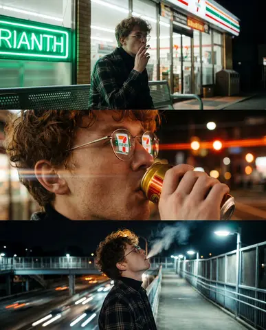 A vertical triptych of three cinematic, night-time urban photographs