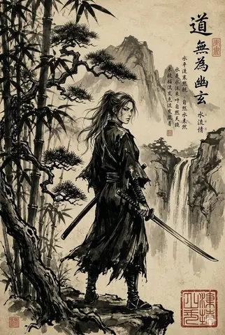 Ink-Wash Samurai Landscape