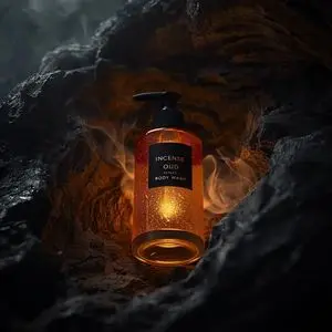 Ultra-Realistic Product Shot of Incense Oud Body Wash