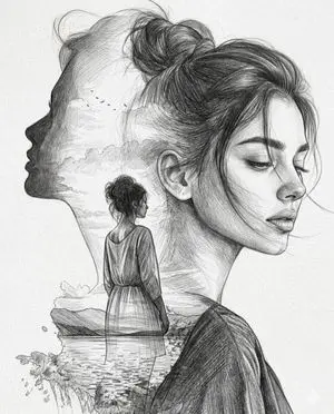 Double Exposure Pencil Sketch Portrait