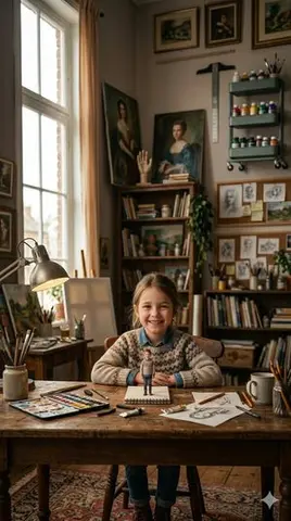3D Miniature Clay Figurine Illusion in an Artist's Studio
