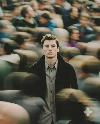 A cinematic portrait of a young man standing still