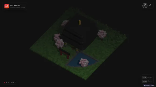 Voxel-art pagoda garden single-file HTML scene