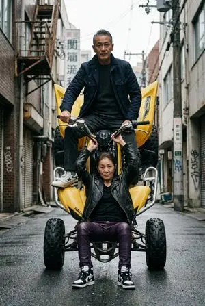 Cinematic Urban Street Scene with Quad Bike and Older Couple