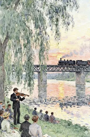 Watercolor Riverside Violinist at Sunset
