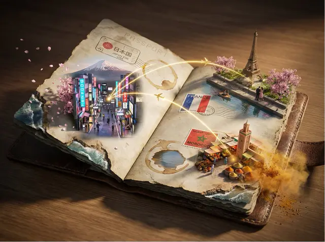 Epic 3D scene: a weathered passport lies open, its