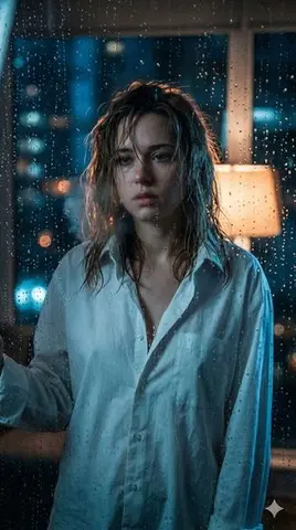 Cinematic Voyeuristic Portrait through Rain-Streaked Window