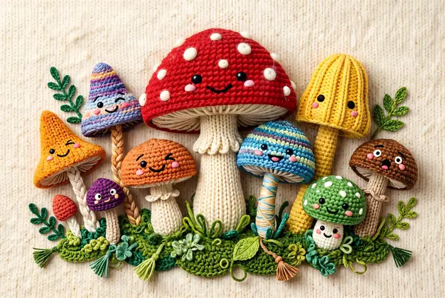 Whimsical Yarn Style Mushrooms
