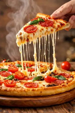 Hyper-realistic cinematic close-up of a pepperoni pizza slice with dramatic cheese pull