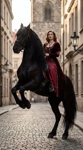 High-Fashion Horseback Portrait on Vintage Street