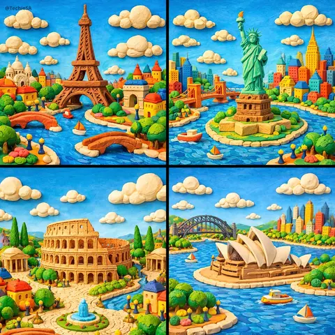 whimsical miniature world featuring [LANDMARK NAME] crafted entirely from