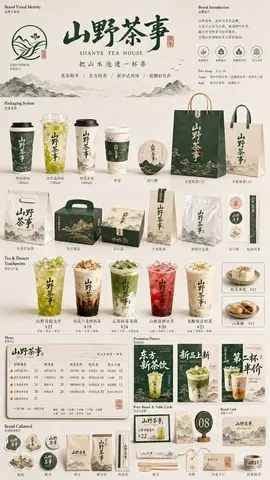 这是一个面向餐饮行业的品牌VI样机展示板 / 包装系统陈列图 / 品牌提案页。画面不是单张宣传海报,而是将品牌主视觉、主打产品、包装物料、菜单信息、促销内容与小型延展物料整合成一张系统化品牌展示图。
